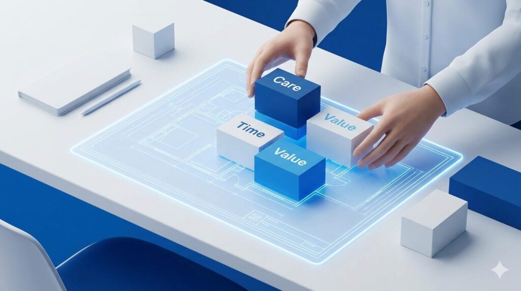 ケア、時間、価値を表す抽象的なブロックを机の上で丁寧に組み立てている設計図のイメージ。
