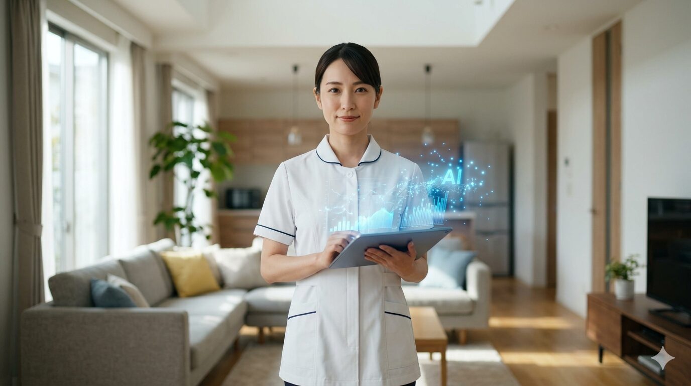 タブレットを手に持ち、笑顔で立つプロフェッショナルなホームヘルパーとAIテクノロジーの光。