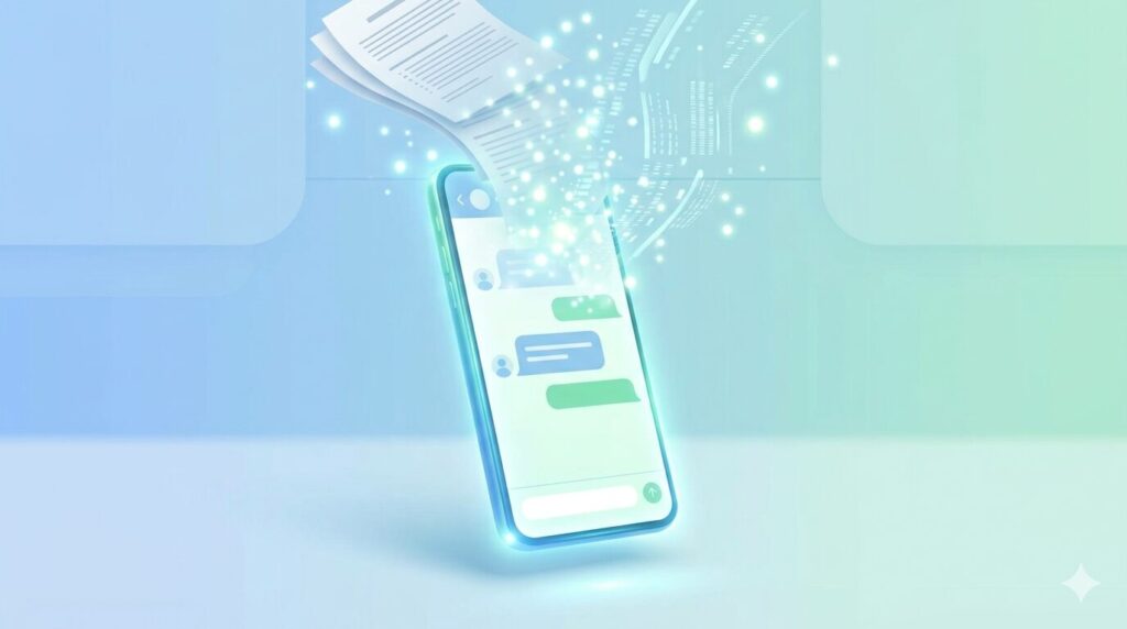 スマートフォンを通じて、煩雑な書類業務や記録作業がデジタルの光に変換され、効率化されていくイメージ。