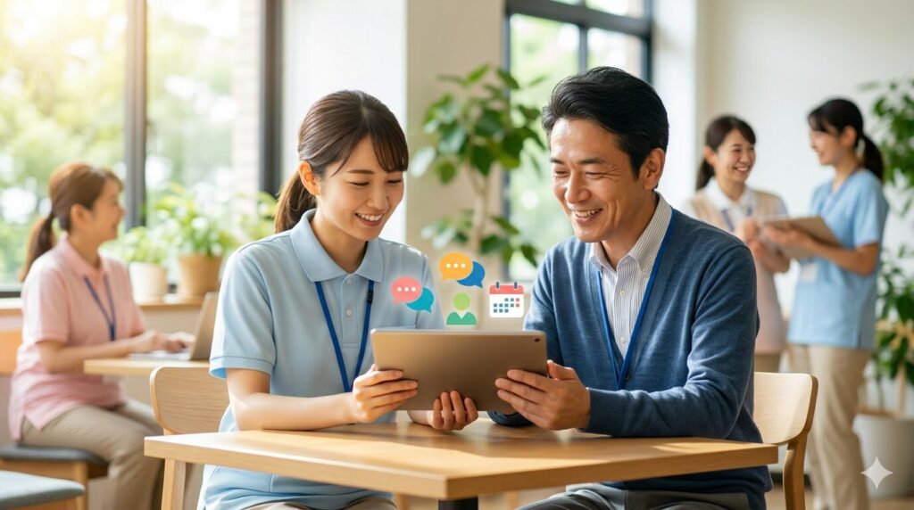 上司と部下がタブレットを見ながら笑顔で相談し合える、風通しの良い職場の様子。
