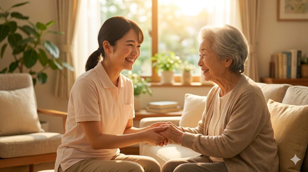事務作業から解放され、利用者様と心からの笑顔で向き合うホームヘルパー。