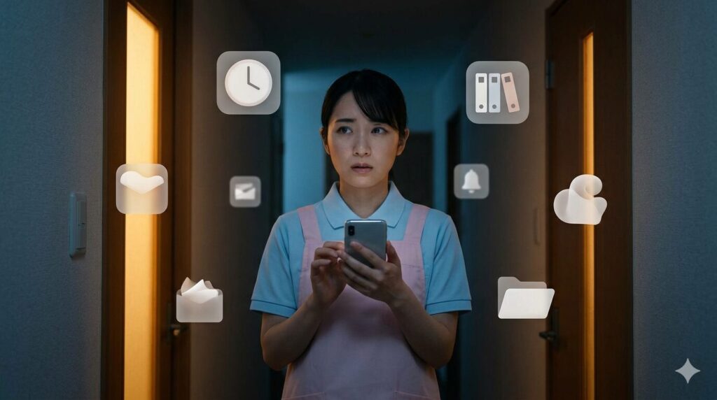 一人で業務を抱え込み、見えないストレスや孤独感に悩むホームヘルパーのイメージ。