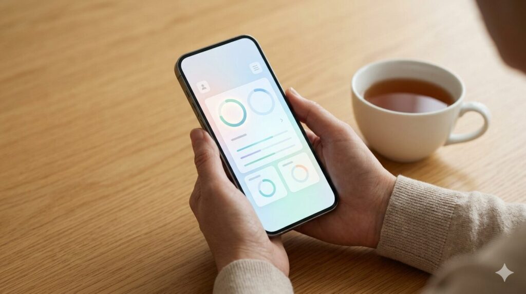 スマートフォンやICTツールを活用して介護記録を効率化し、休憩をとる様子