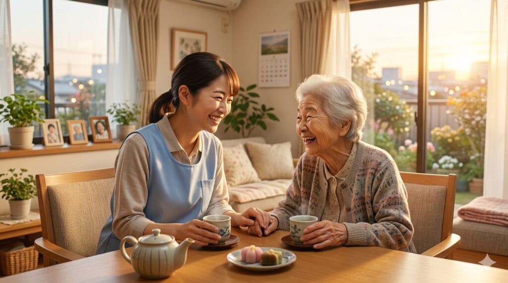 事務作業を終え、利用者様とお茶を飲みながら笑顔で向き合うホームヘルパー。