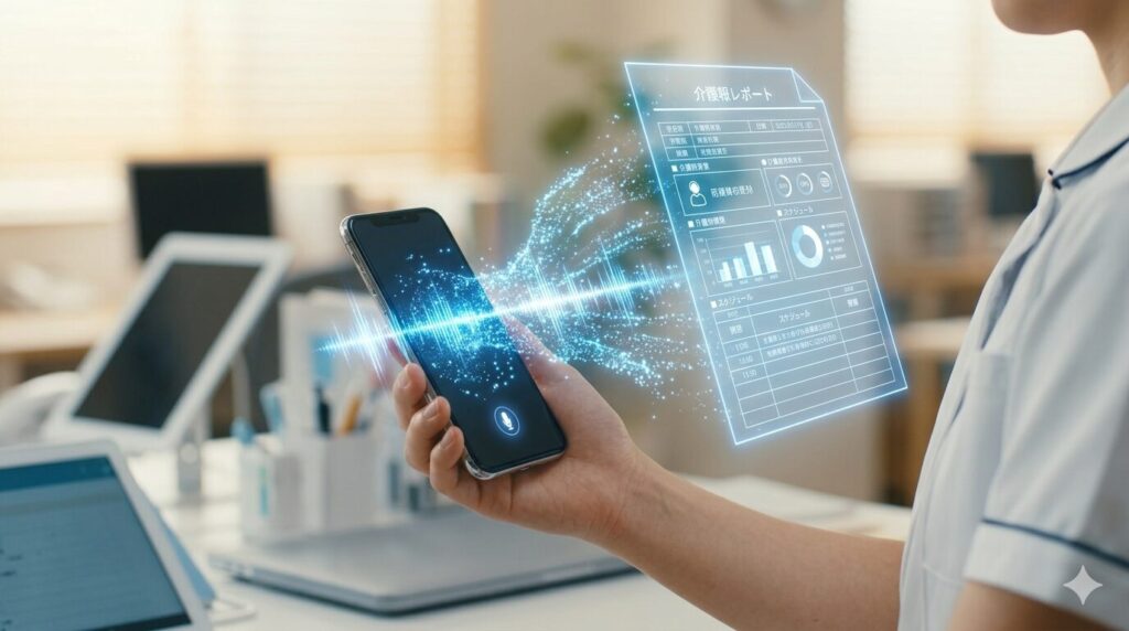 スマートフォンに入力した音声が、AIの力で綺麗な記録文や報告書へと変換されていくイメージ。