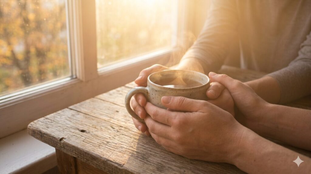 窓辺で温かいお茶を両手で包み込むように持ち、ホッと一息ついて心身を休めている様子。