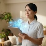 笑顔でタブレットを持つホームヘルパーと、業務をサポートするAIの光。