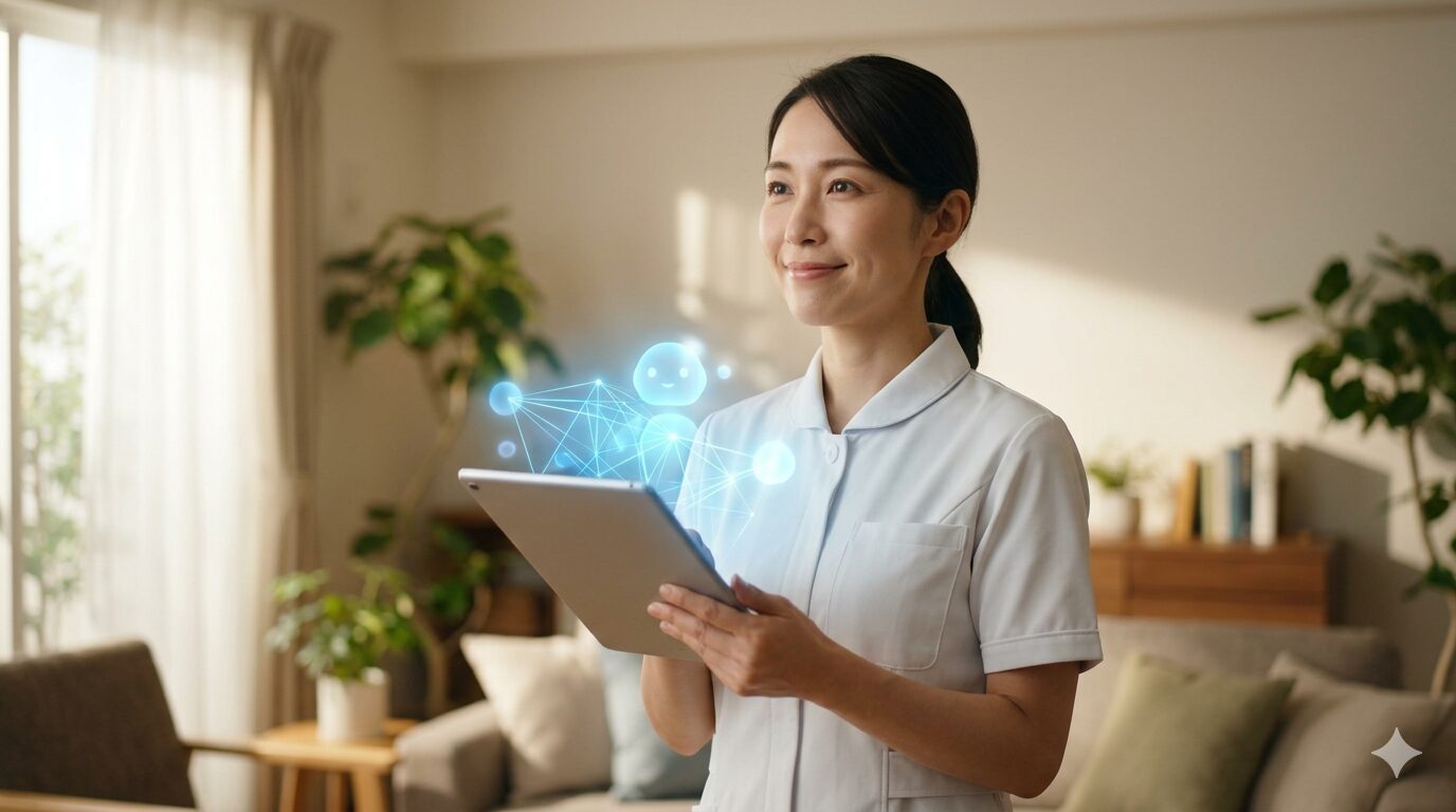 笑顔でタブレットを持つホームヘルパーと、業務をサポートするAIの光。