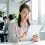 介護福祉士から現場以外の仕事へ転職し、タブレットを活用して笑顔で働く人物