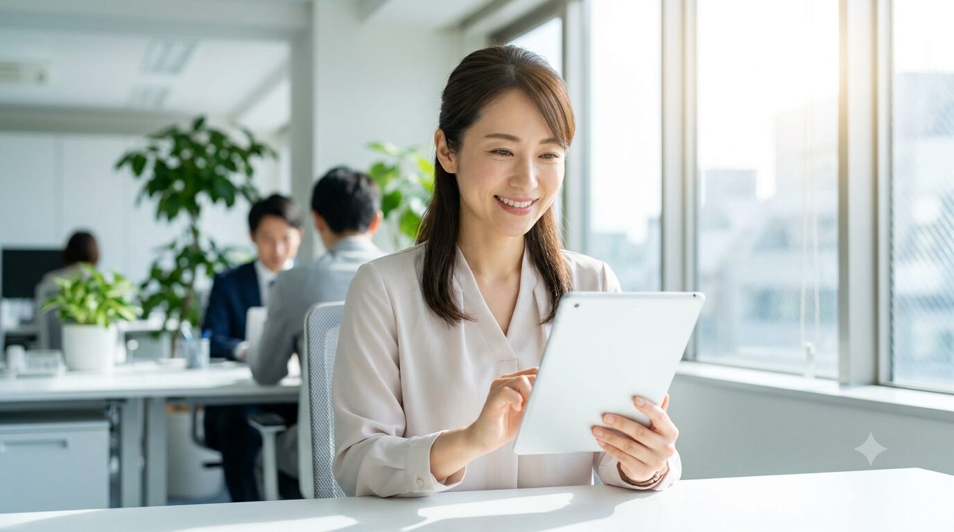 介護福祉士から現場以外の仕事へ転職し、タブレットを活用して笑顔で働く人物