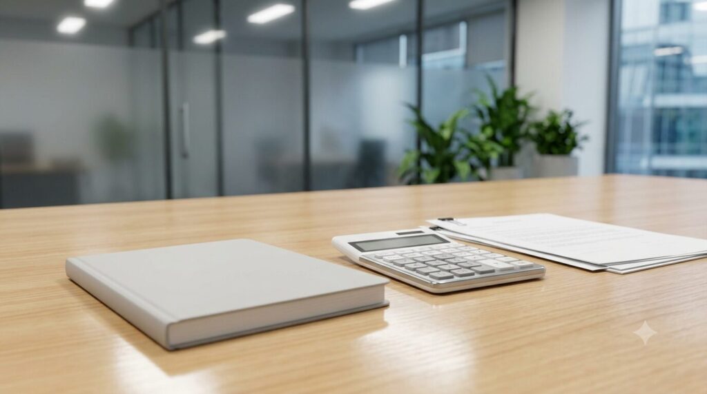 デスク上の電卓と書類で、介護福祉士が現場以外の仕事に転職した際の給料事情を表すイメージ