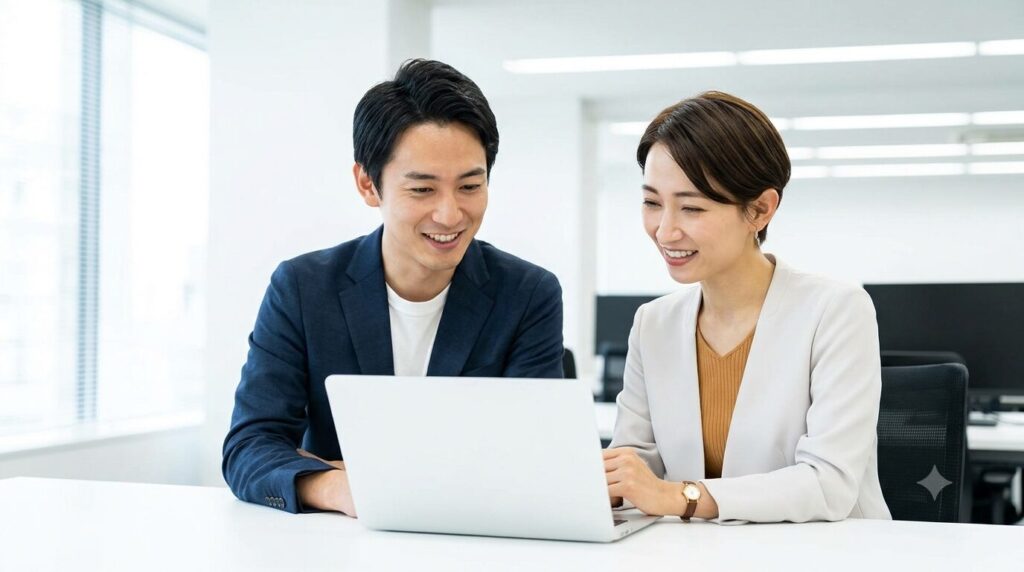 介護福祉士から一般企業の営業や企画職へ転職し、同僚とパソコンを見ながら打ち合わせる様子