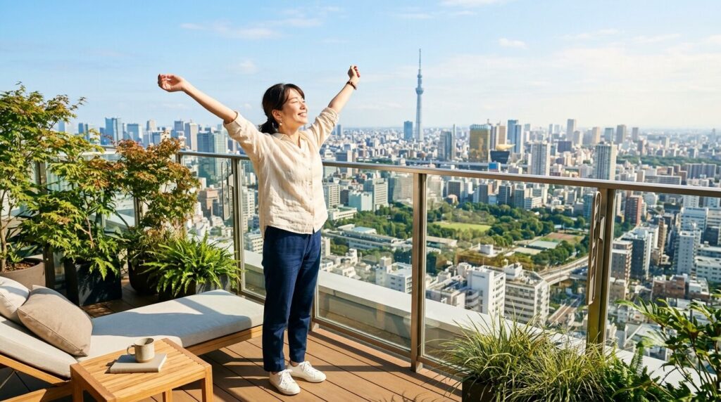 晴れやかな街並みを見下ろすテラスで、リフレッシュした様子で伸びをする人物