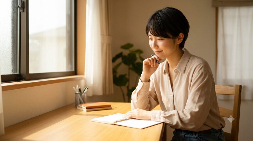 窓際のデスクでノートを開き、転職に向けた自己分析を行う人物