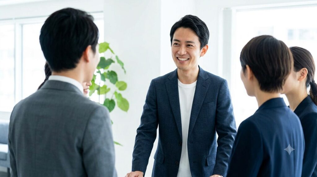 現代的なオフィスで同僚と笑顔でコミュニケーションをとるビジネスパーソン