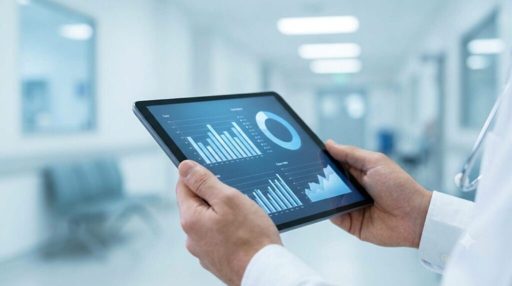介護施設を背景にタブレット端末でデータを確認し業務を効率化する様子