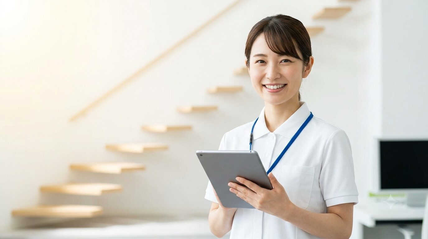 介護福祉士からサービス管理責任者（サビ管）へのキャリアアップとAI活用のイメージ