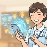 スマホを使って効率的に勉強する介護職員のイラスト