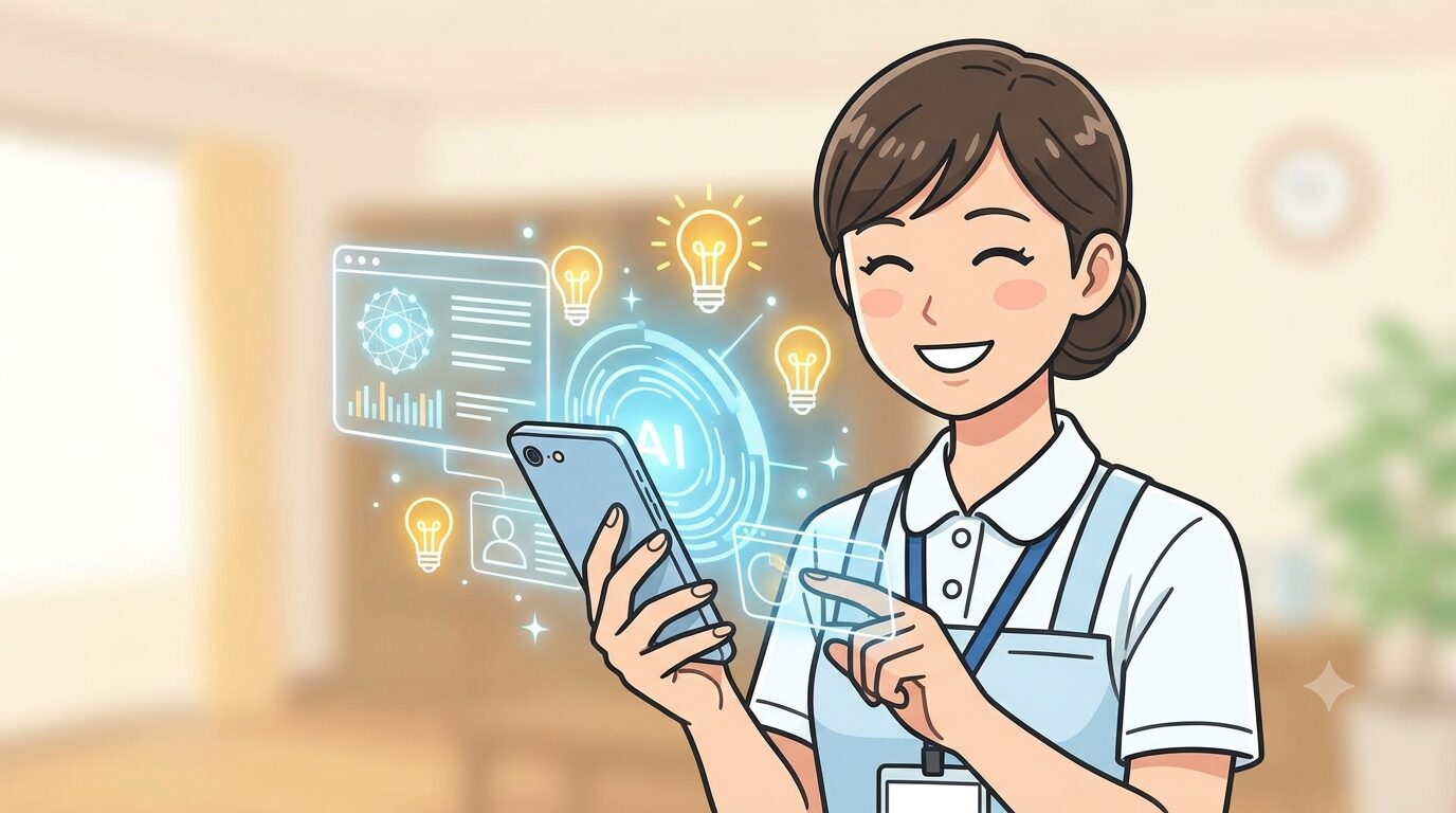 スマホを使って効率的に勉強する介護職員のイラスト
