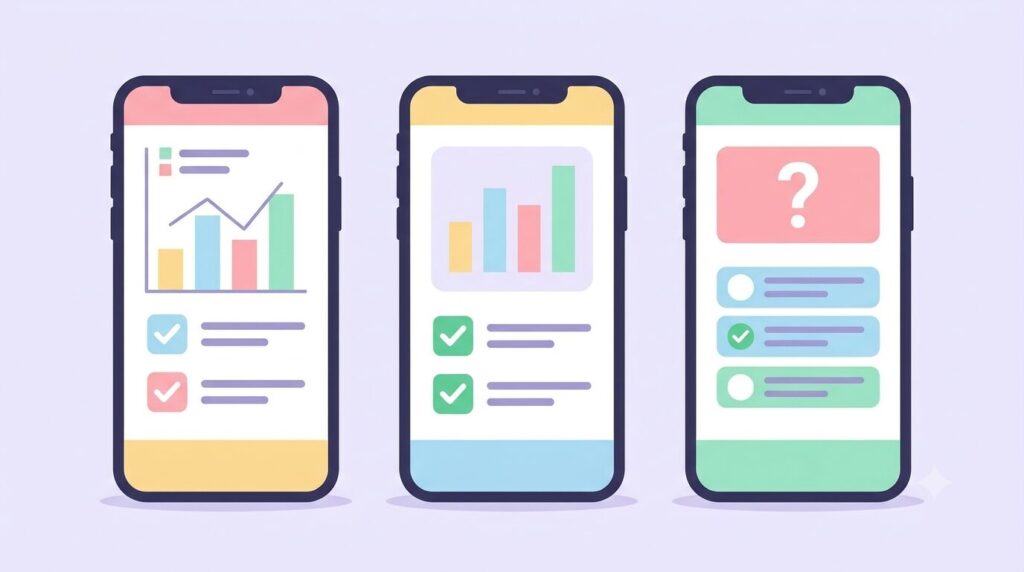 複数の勉強アプリの機能を比較しているスマートフォンのイラスト