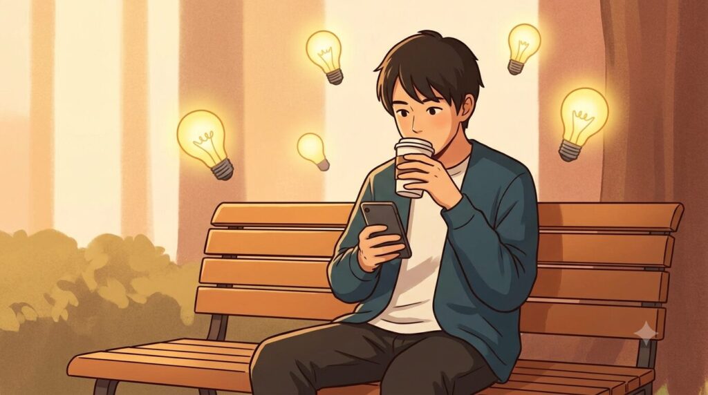 休憩時間などのスキマ時間にスマホで勉強する人のイラスト