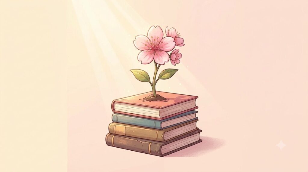 積み重ねたテキストから桜が咲き、努力が結実する様子を表すイラスト