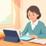 介護福祉士試験の勉強に取り組む中高年の介護職員のイラスト