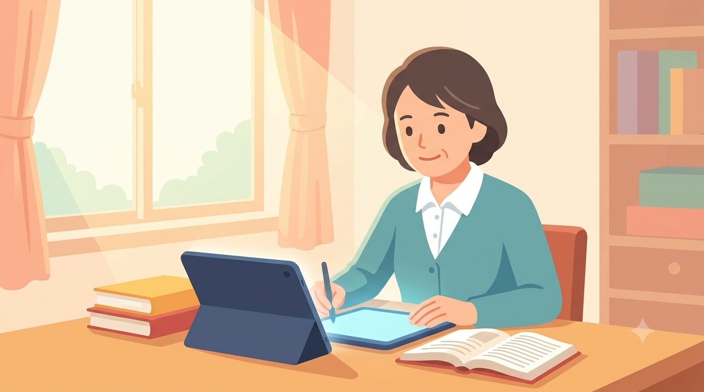 介護福祉士試験の勉強に取り組む中高年の介護職員のイラスト