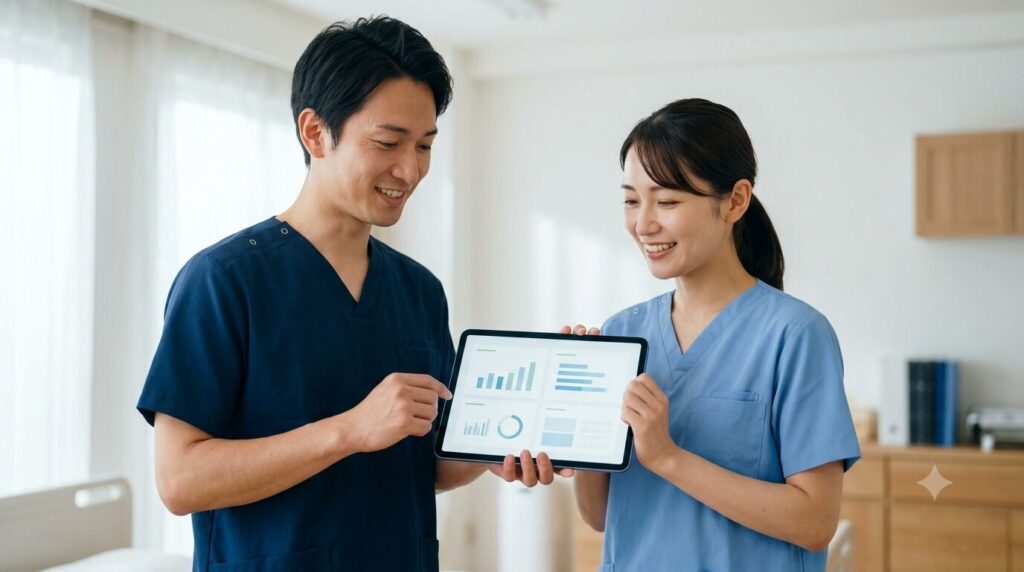 タブレットとAIを活用して業務改善・情報共有を行う2人の介護スタッフ