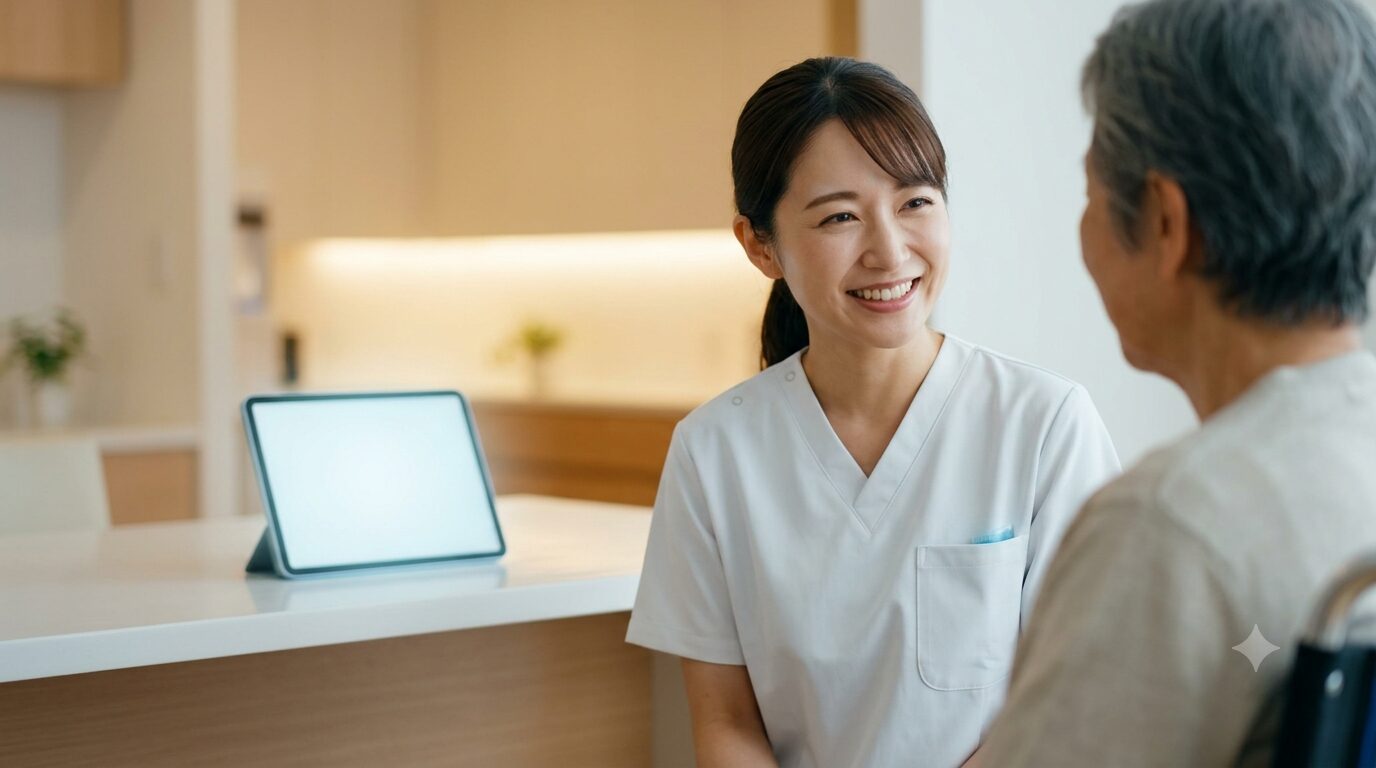 AIとICTを活用して心に余裕が生まれた介護職員と笑顔の高齢者