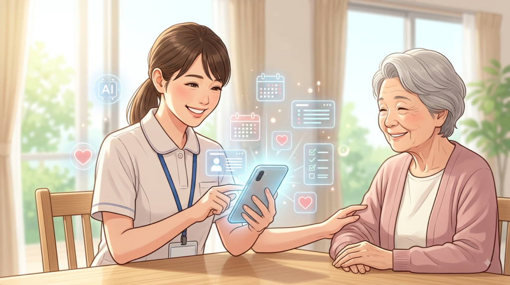 スマートフォンを使って笑顔で介護記録を入力する職員のイラスト