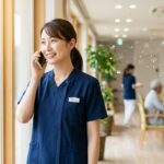 笑顔でご家族に電話報告をする介護職とDXをイメージした背景
