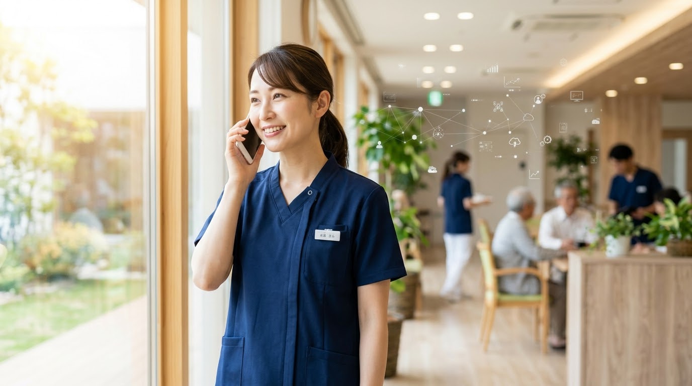 笑顔でご家族に電話報告をする介護職とDXをイメージした背景
