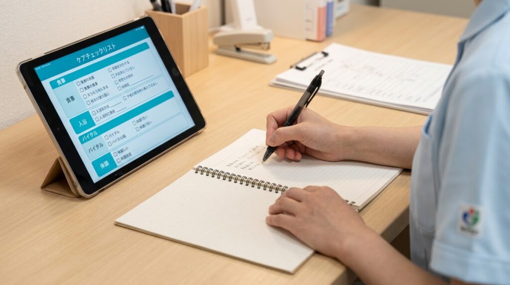電話をかける前にメモとタブレットで情報を整理する介護職員の手元