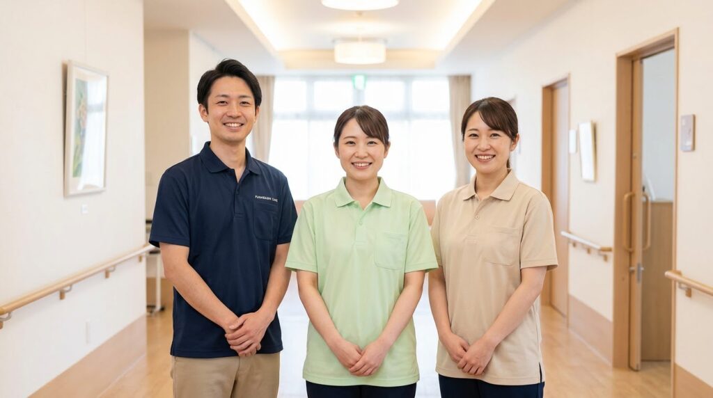 笑顔で並び、チームワークの良さを感じさせる介護職員たち
