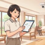 AIタブレットを笑顔で操作する介護職員と施設内の見守りセンサー