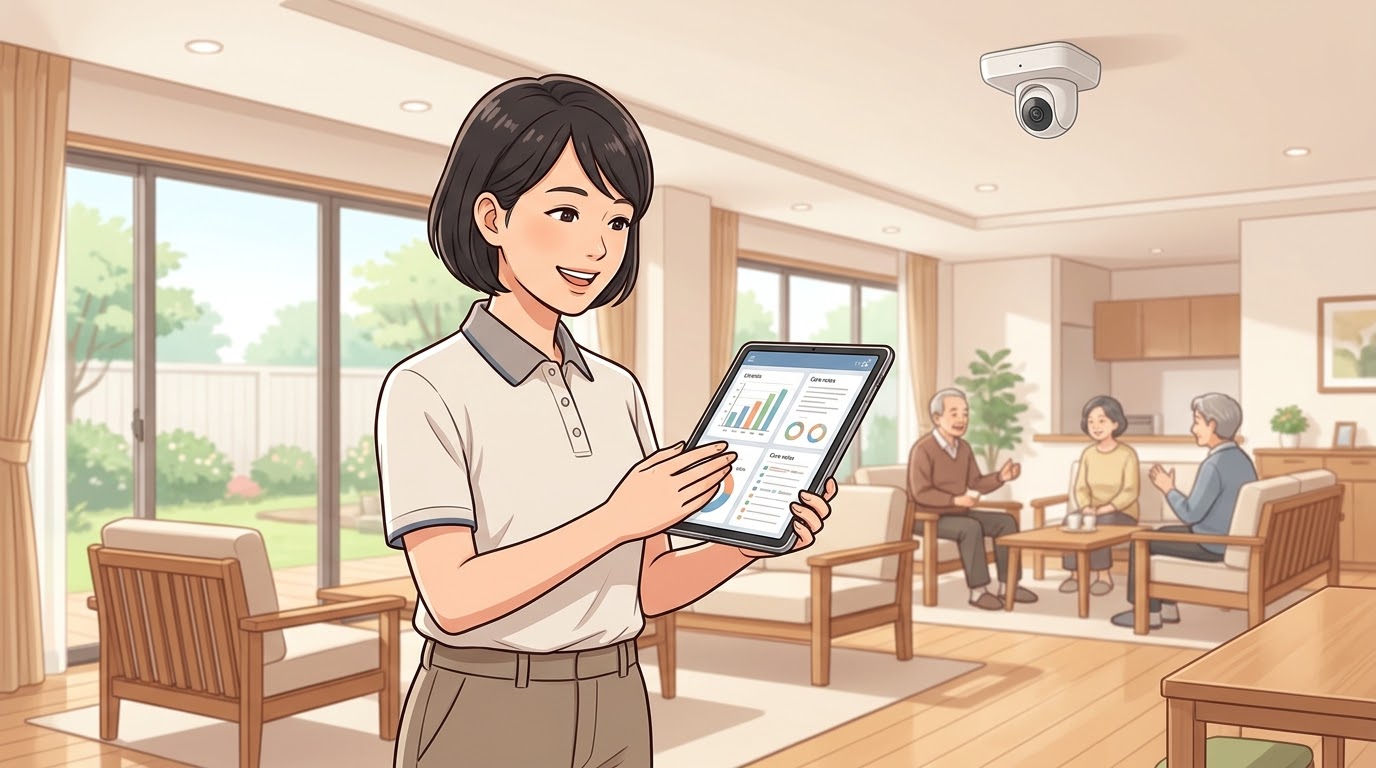 AIタブレットを笑顔で操作する介護職員と施設内の見守りセンサー