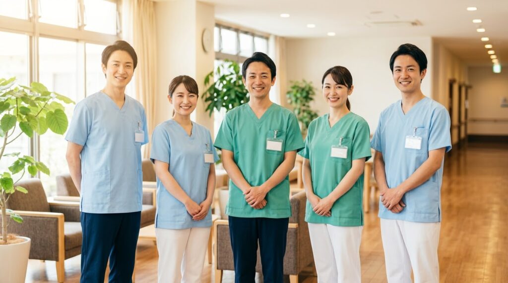 笑顔でリラックスした表情の介護職員チーム