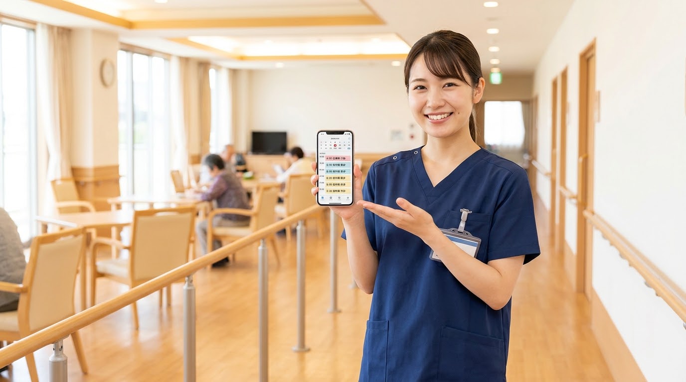 スマホのアプリを活用してスポットワークやDXを導入する明るい日本の介護施設の様子スマホのアプリを活用してスポットワークやDXを導入する明るい日本の介護施設の様子
