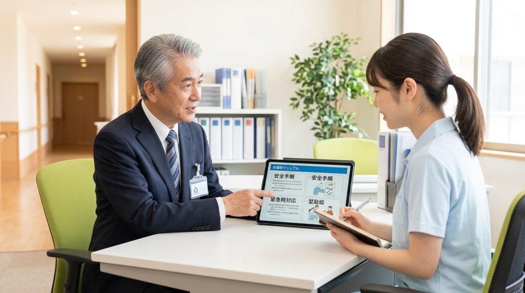 介護施設で就業前のオリエンテーションと安全対策の確認をタブレットで行うスタッフ