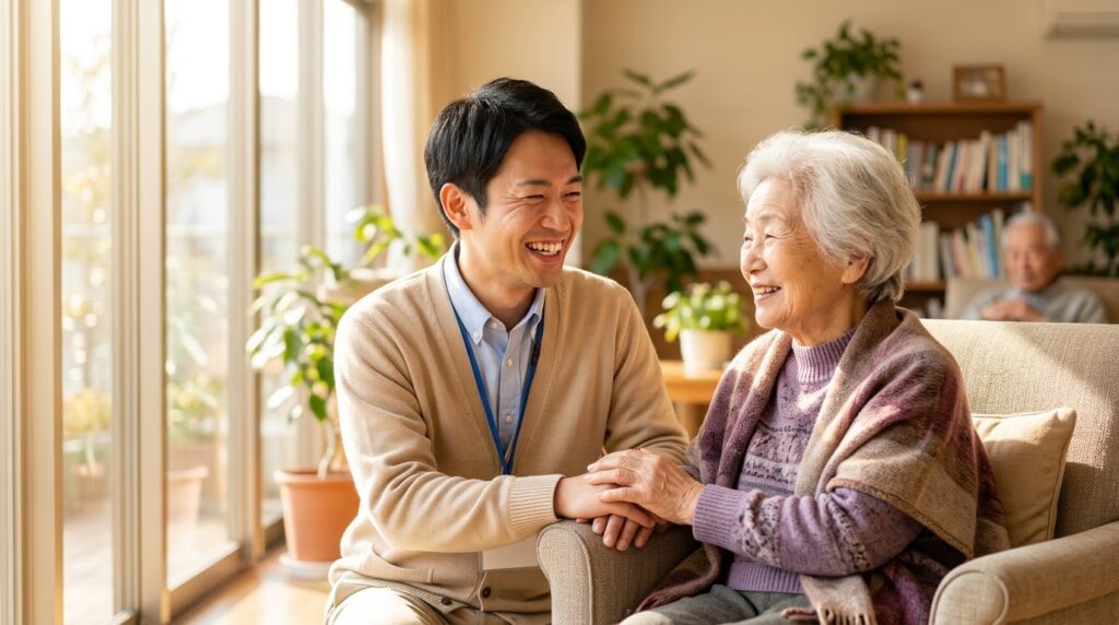 業務効率化により時間的・精神的なゆとりが生まれ、利用者と笑顔で接する介護職員