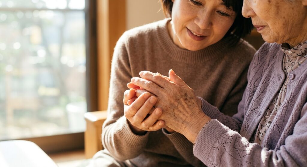 施設入居への不安を抱える親の手を優しく握り、心を通わせる家族