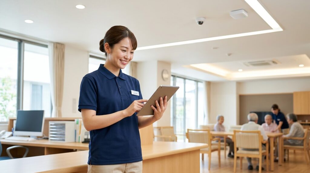 タブレット端末や見守りセンサーなどの介護DX・ICTを活用し、笑顔で働く介護職員