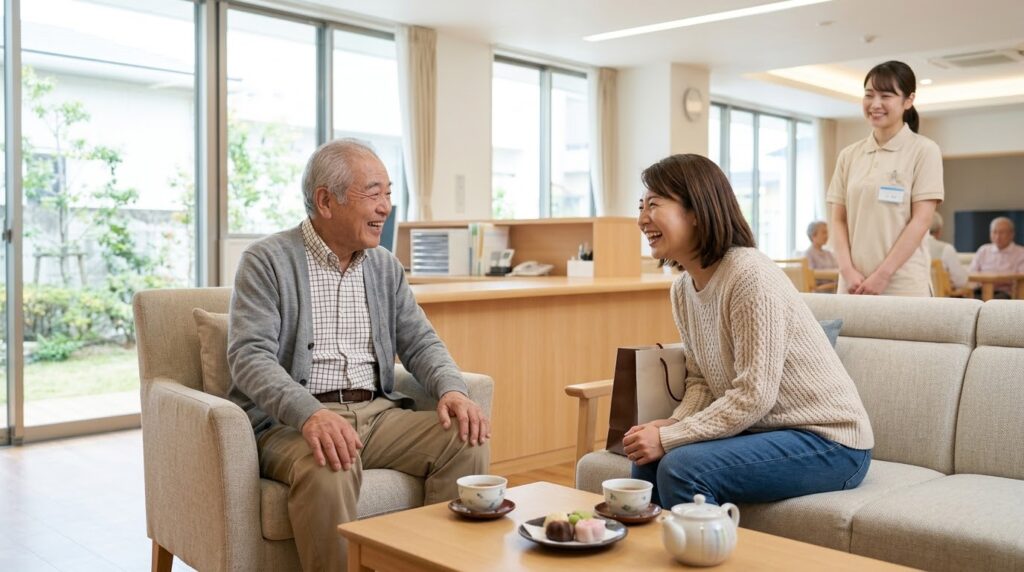 介護施設に入居後、穏やかな笑顔で面会時間を楽しむ親と家族