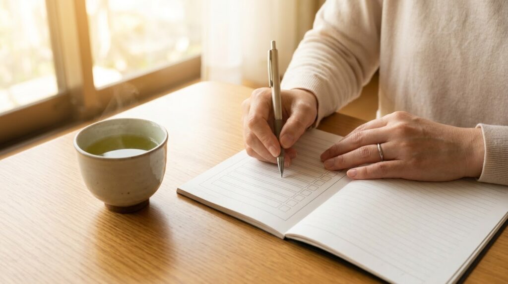 介護施設を変えたい理由や不満をノートに書き出して整理する様子