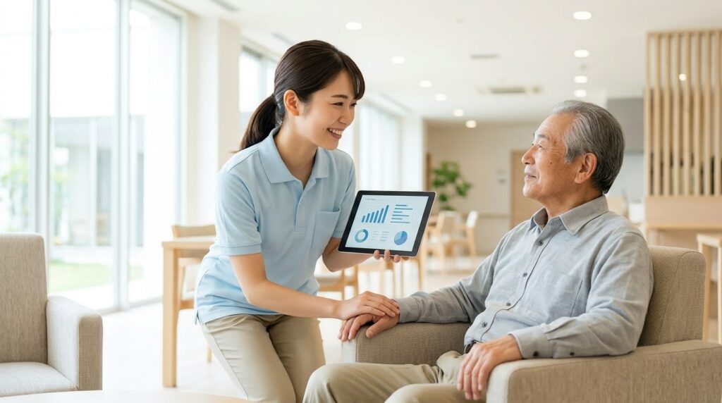 介護記録用タブレット(ICT)を活用し、利用者と笑顔で会話する介護職員