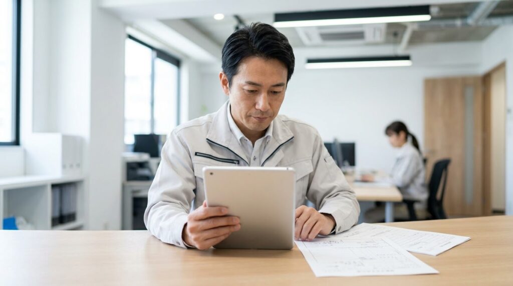 公的制度の資料とデジタル端末を使い、業務効率化と費用対策を考える管理者