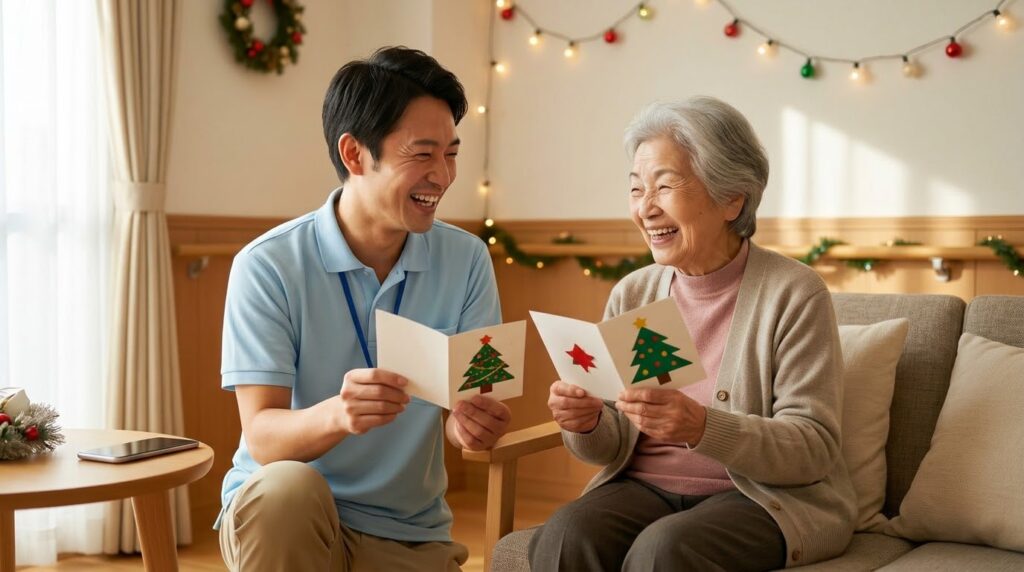 AIで効率化した事務作業のおかげでご利用者と笑顔でクリスマスを楽しむ介護職員AIで効率化した事務作業のおかげでご利用者と笑顔でクリスマスを楽しむ介護職員